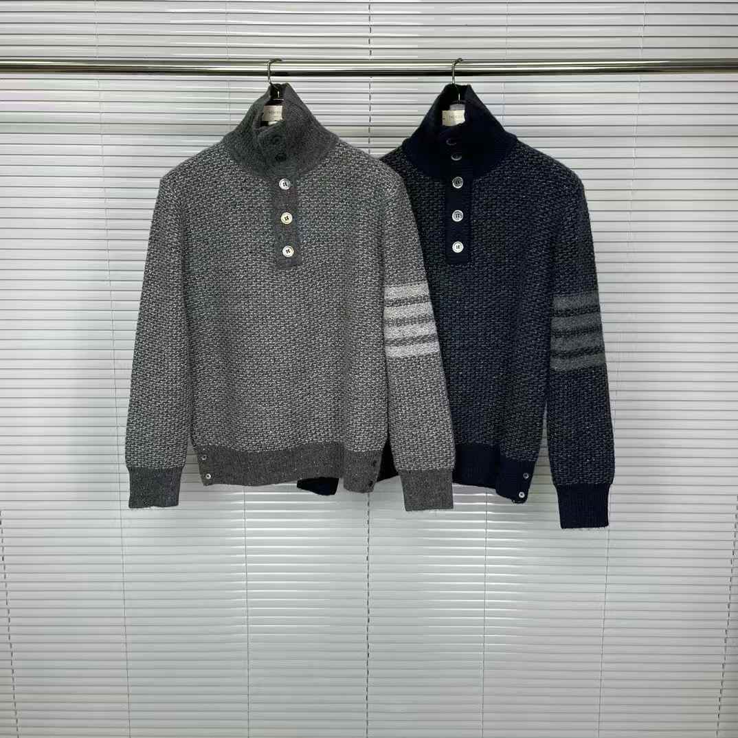 Thom Browne 4-Bar tweed sweater in navy blue and gray.