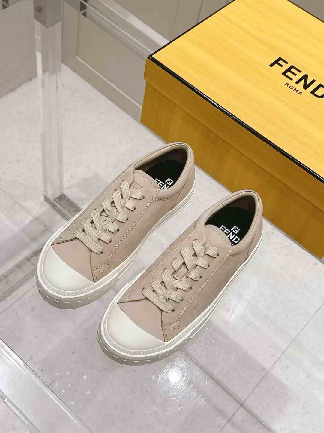 Fendi Domino low top sneakers in beige nubuck leather