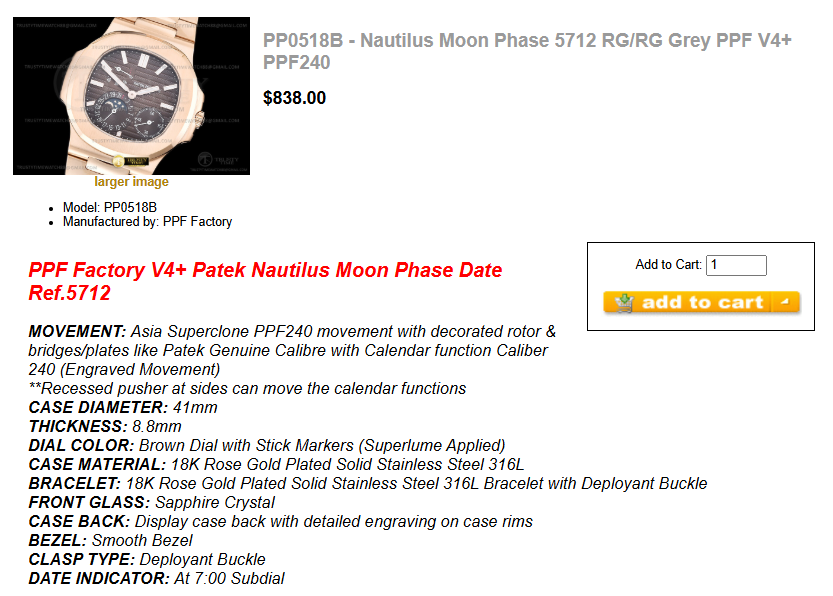 PP0518B - Nautilus Moon Phase 5712 RG/RG Grey PPF V4+ PPF240 $838