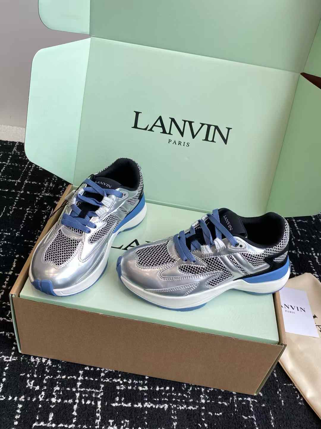 Lanvin Curb sneakers in a metallic silver and blue colorway