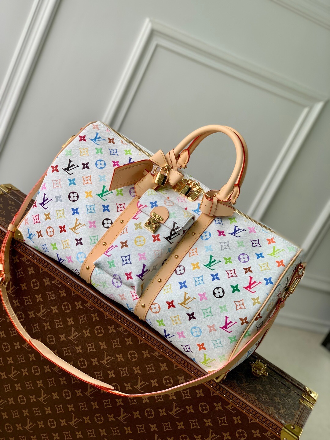 LV x Takashi Murakami Keepall Bandoulière 45 in white multicolor monogram canvas