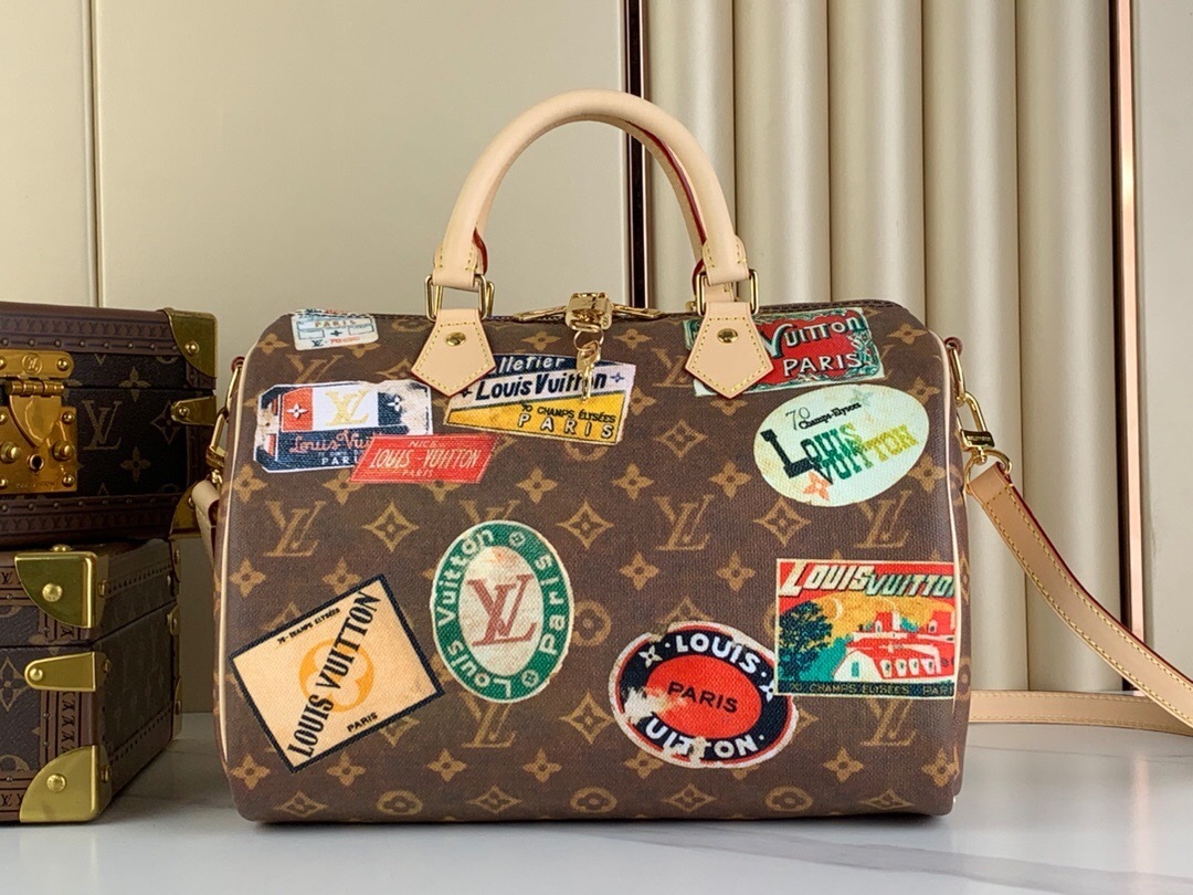 LV Speedy Bandouliere 30 in Monogram canvas with travel stickers