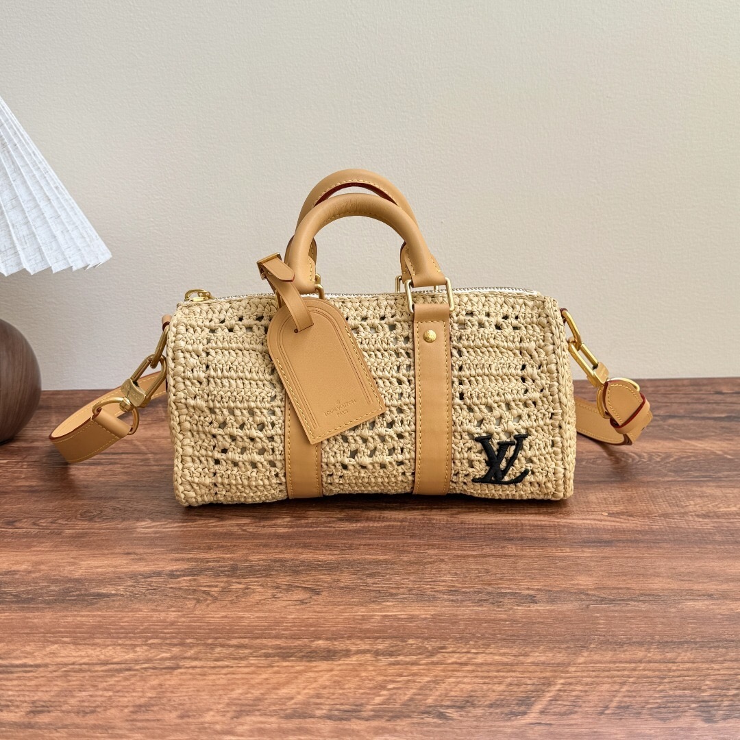 LV Keepall Bandouliere speedy 25 bag hand-woven natural palm fibers leather trim