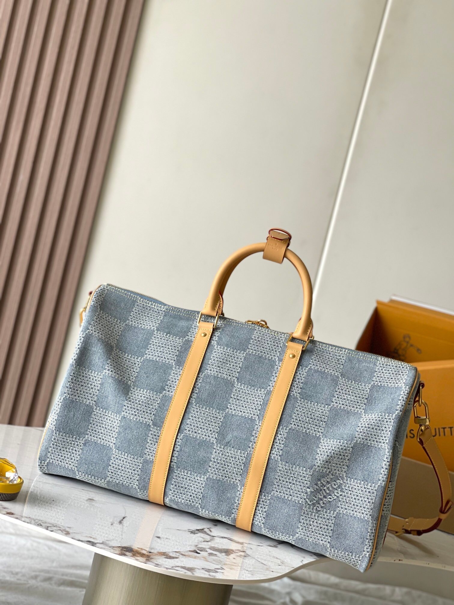 LV Keepall Bandouliere 50 Damier Denim 3D cotton canvas Blue Weekenders Bag