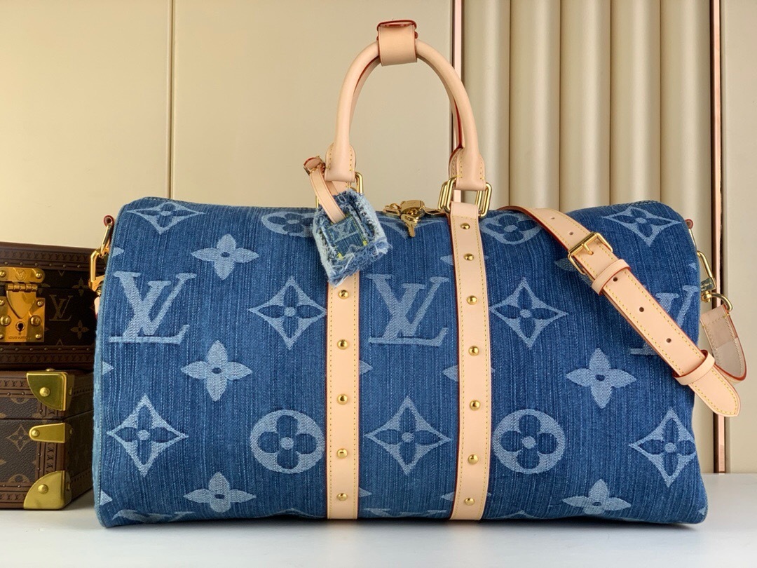 LV  Keepall Bandouliere 45 Monogram Denim Blue in Cotton Denim