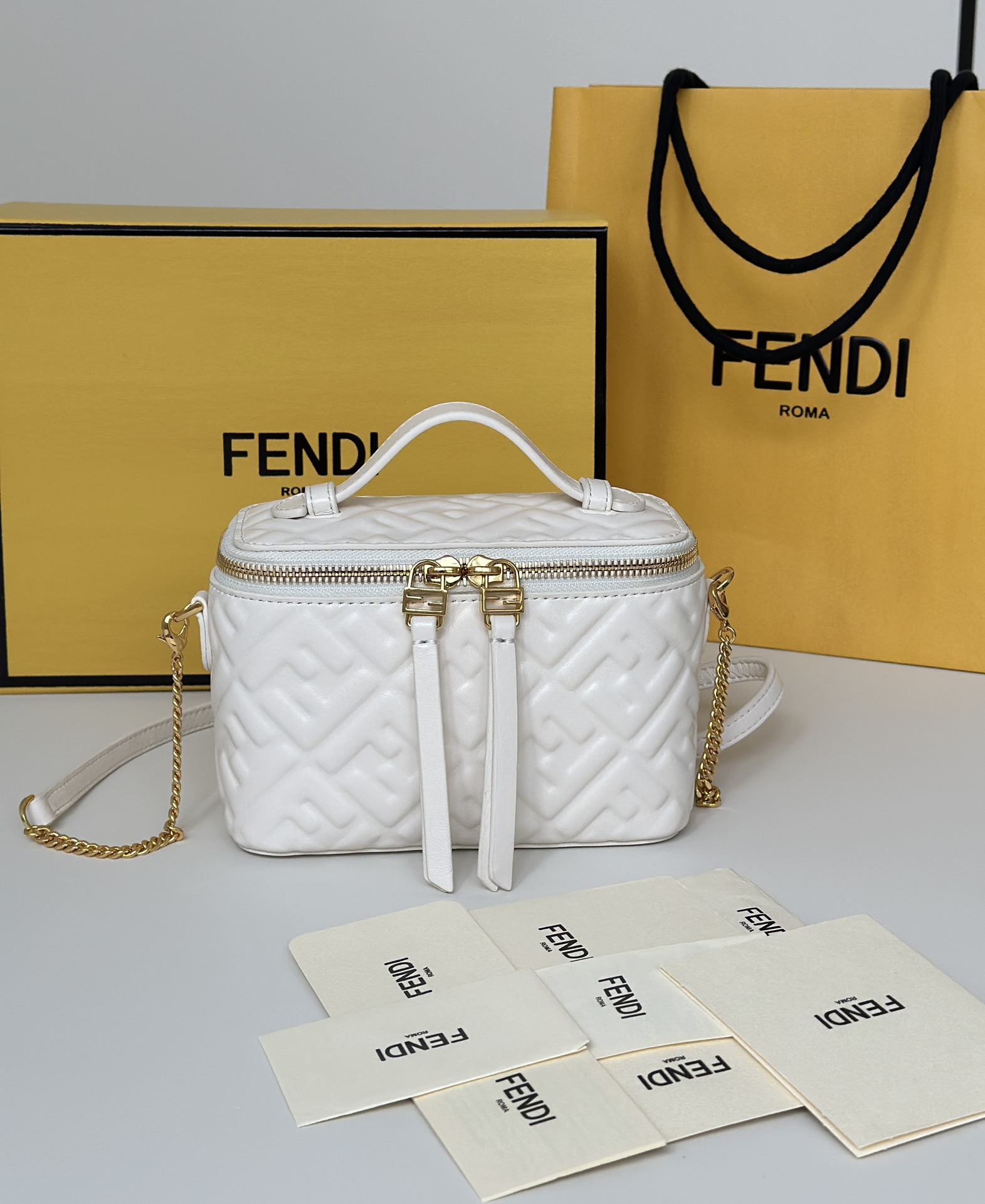 Fendi Roma bag in white leather with a quilted FF pattern