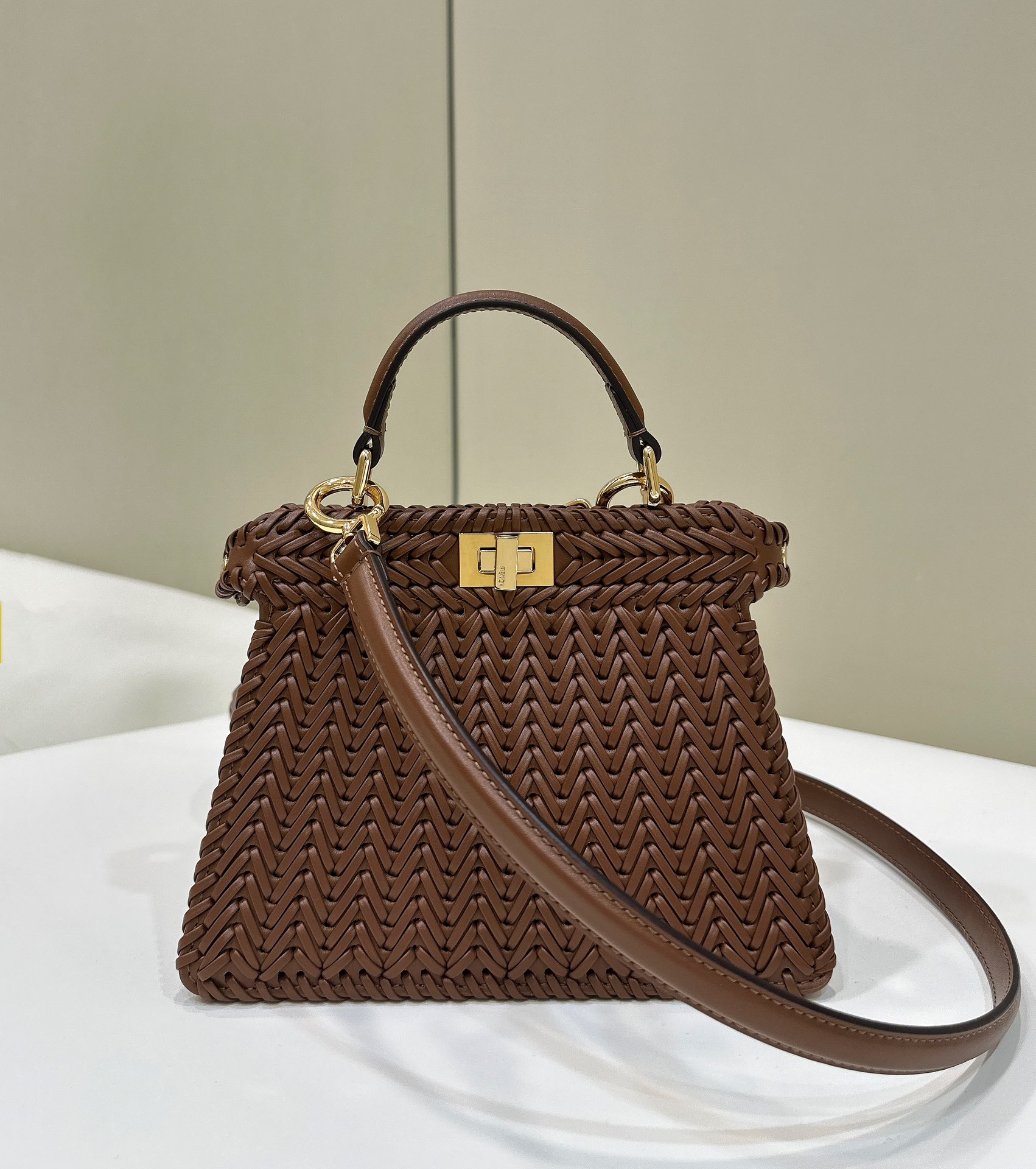 Fendi small Peekaboo ISeeU tote bag in light brown with a woven texture
