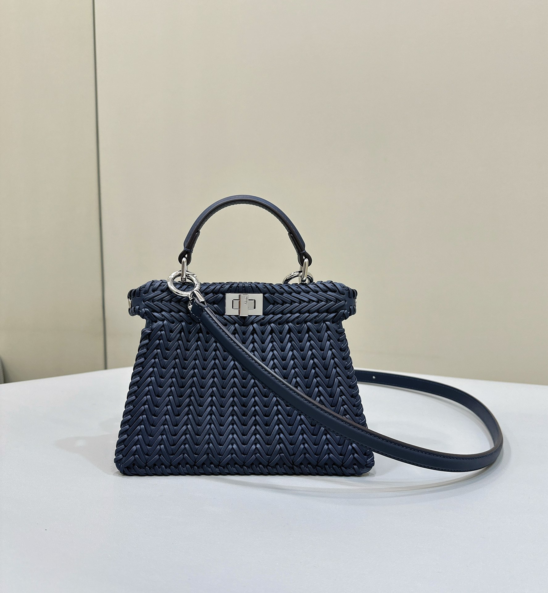 Fendi Peekaboo ISeeU Small bag in midnight blue interlace leather with a removable shoulder strap