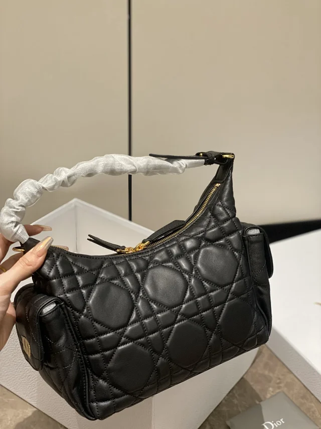 Dior Medium D-Dream Bag in black Macrocannage lambskin.