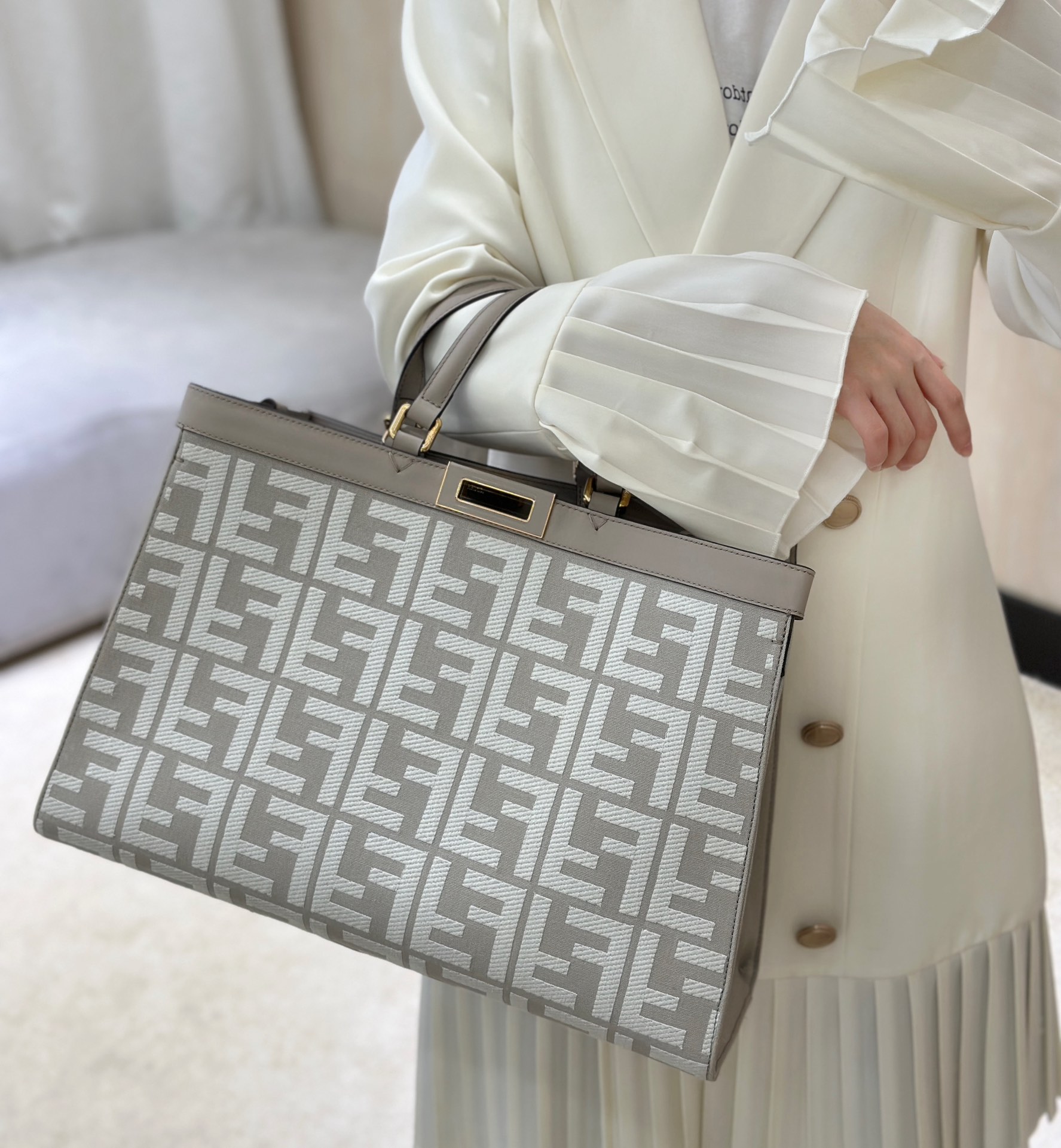 Fendi Peekaboo X-Lite bag in beige canvas with a jacquard FF motif