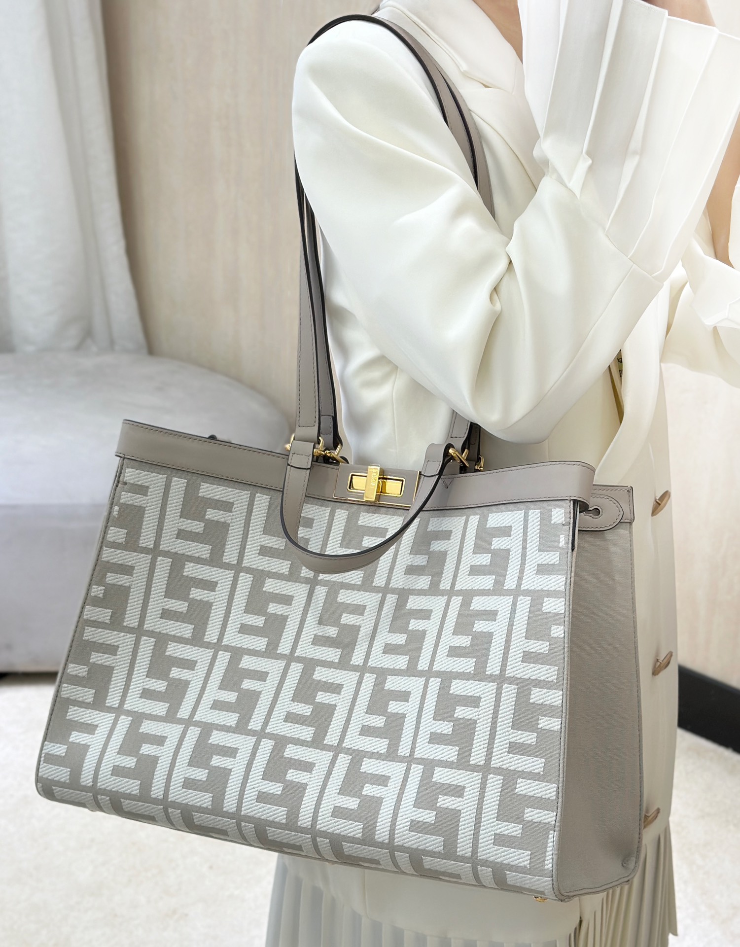 Fendi Peekaboo X-Lite bag in beige canvas with a jacquard FF motif