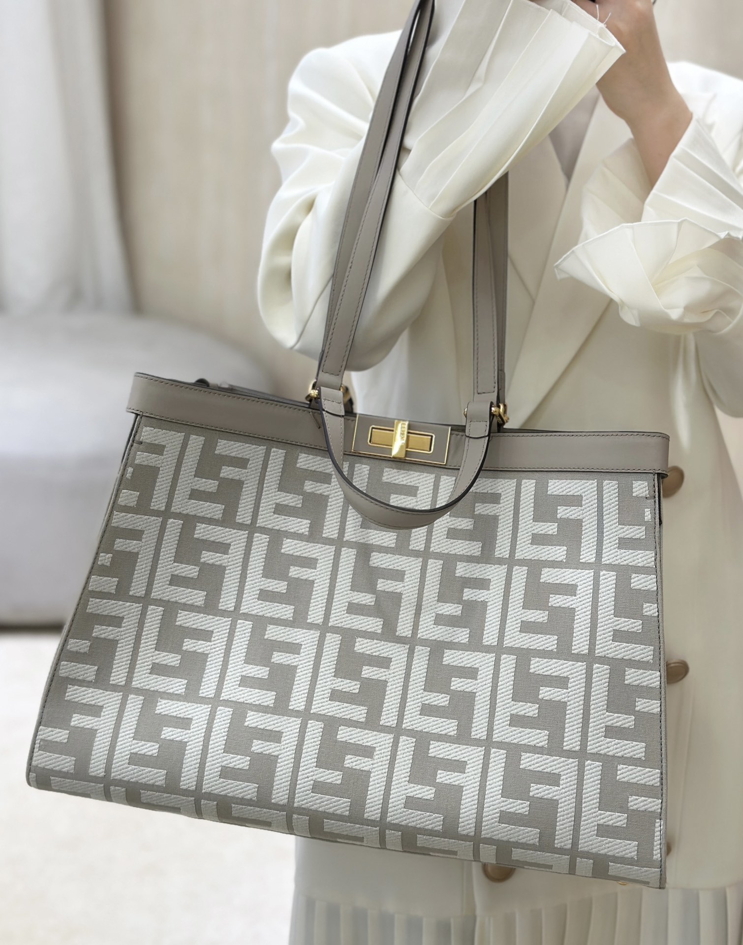 Fendi Peekaboo X-Lite bag in beige canvas with a jacquard FF motif