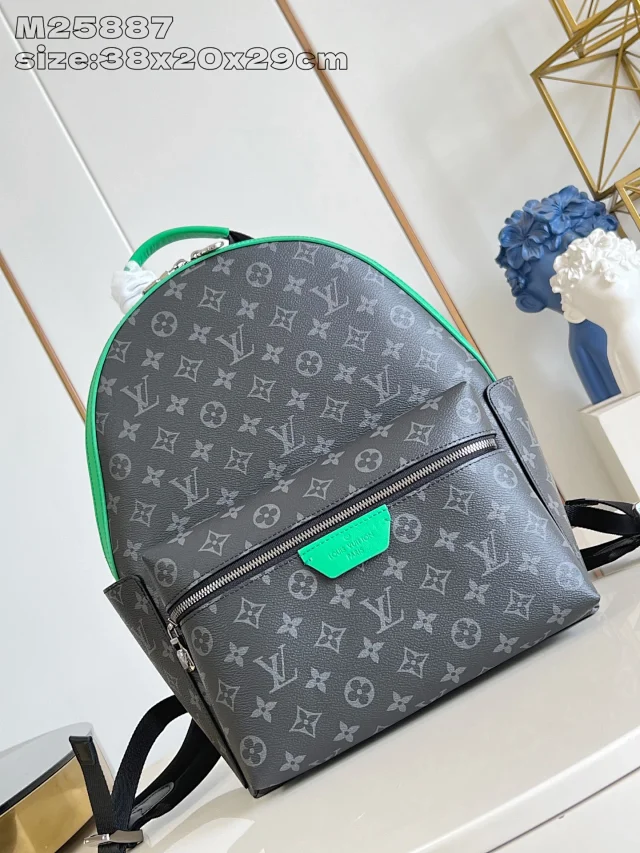 LV Discovery Backpack bag PM in Monogram Eclipse canvas with a green accent