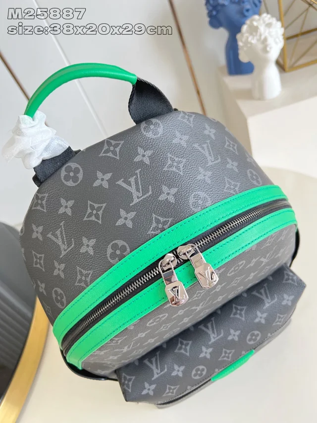 LV Discovery Backpack bag PM in Monogram Eclipse canvas with a green accent