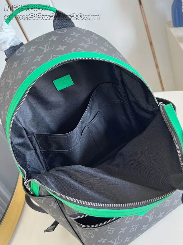 LV Discovery Backpack bag PM in Monogram Eclipse canvas with a green accent