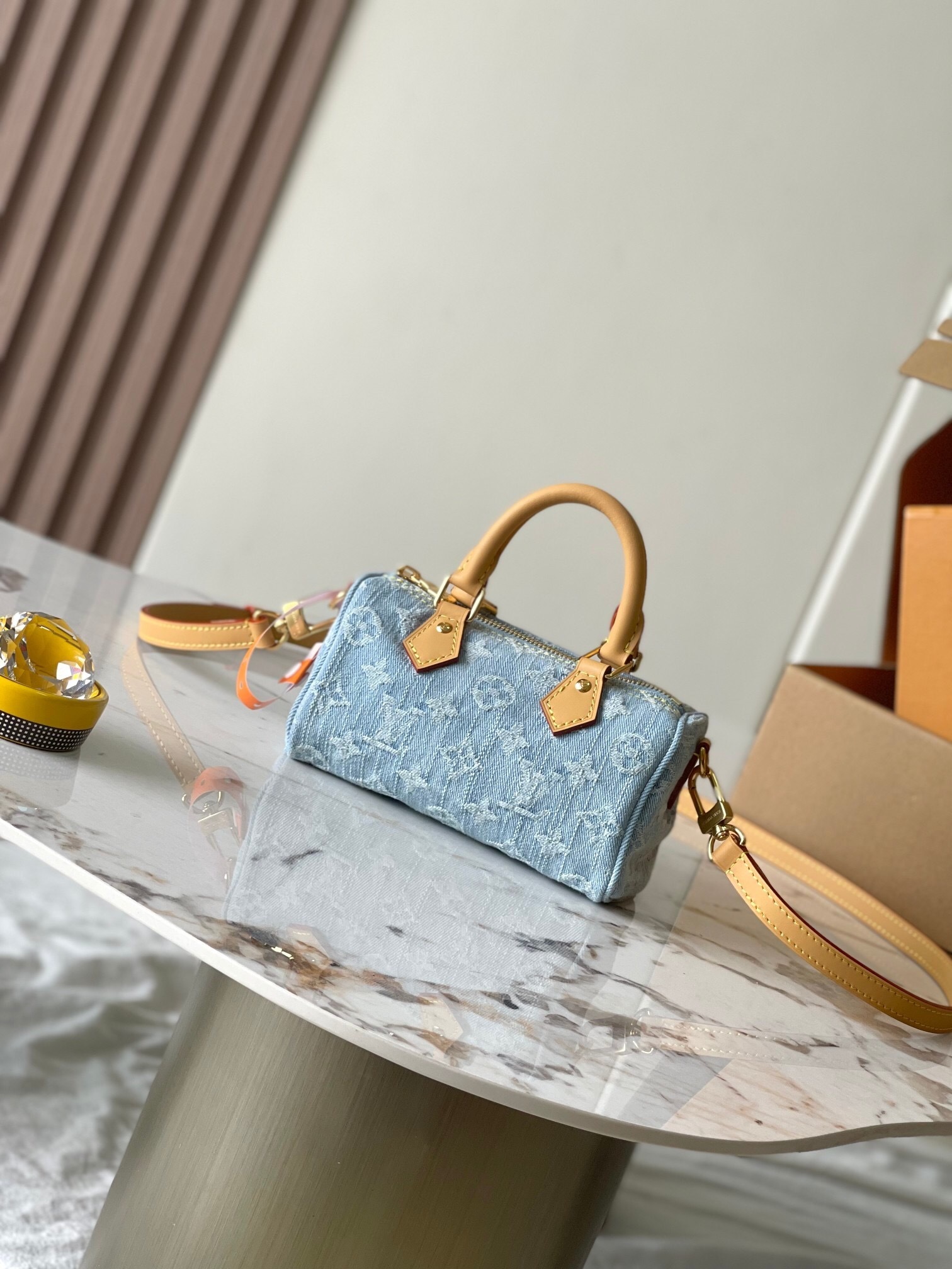 LV Nano Speedy bag in sky blue denim