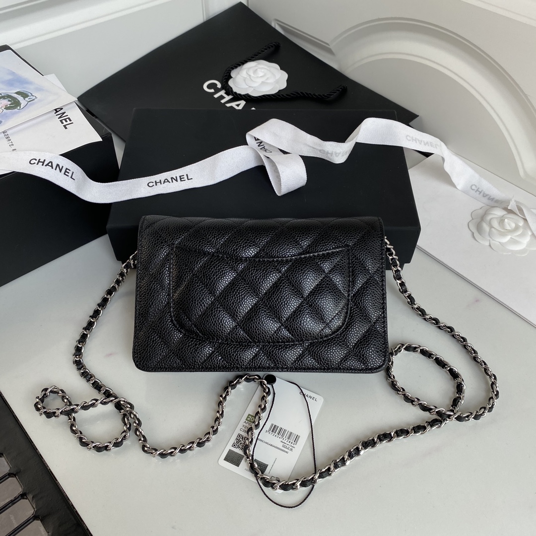 Chanel Classic Wallet on Chain in black caviar leather with silver hardware