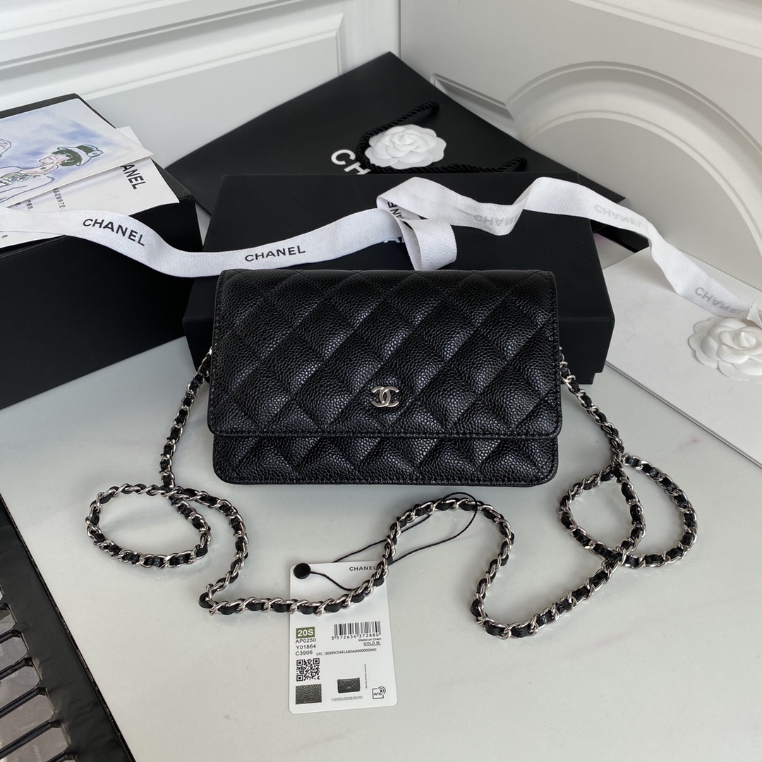 Chanel Classic Wallet on Chain in black caviar leather with silver hardware