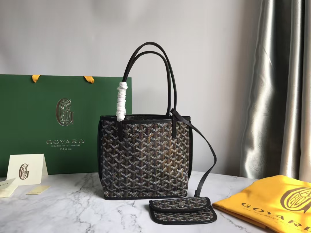Goyard Mini Anjou tote bag in black Goyardine canvas and Chevroches calfskin`