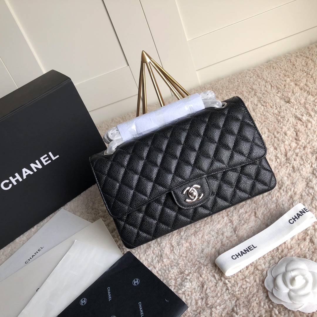 Chanel Classic Flap Bag  black with cavier leather  interlocking CC logo