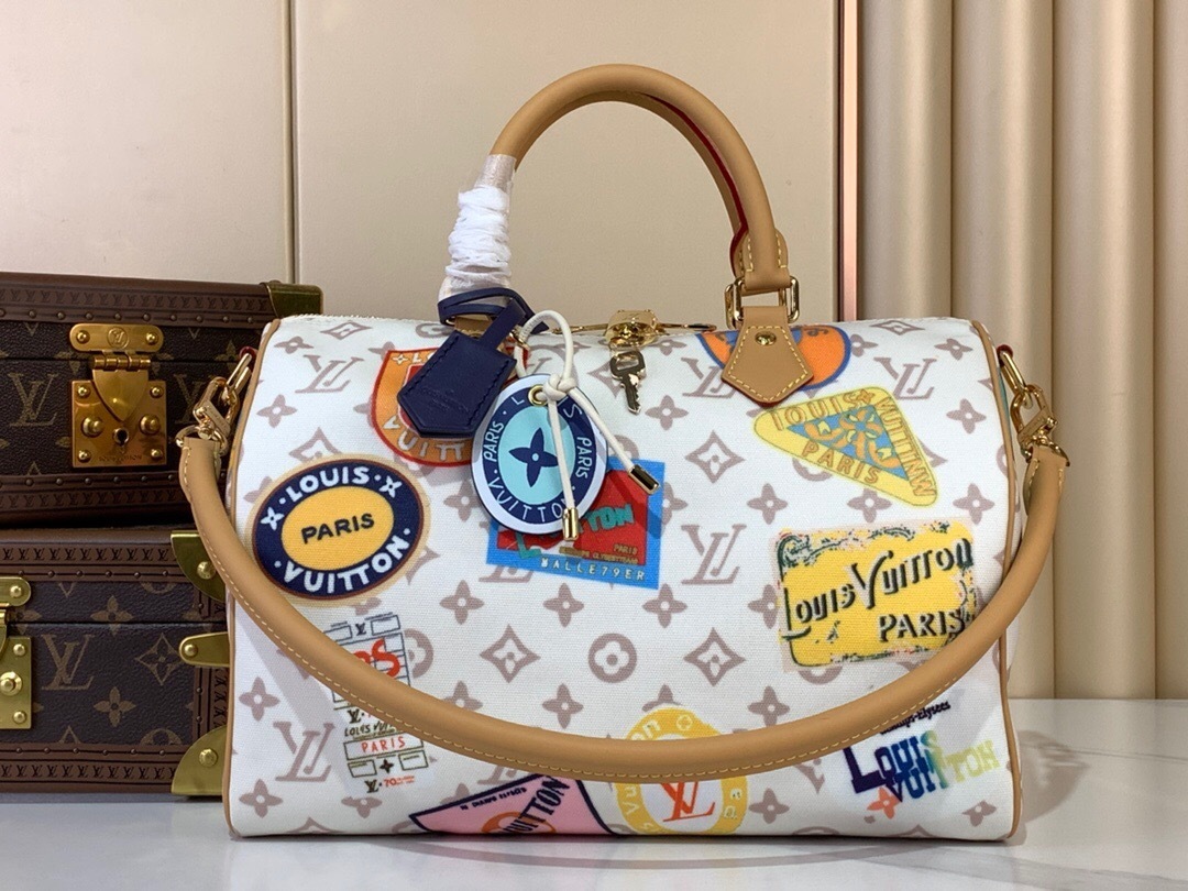 LV Speedy Soft 30 bag a patchwork of vintage-inspired labels.