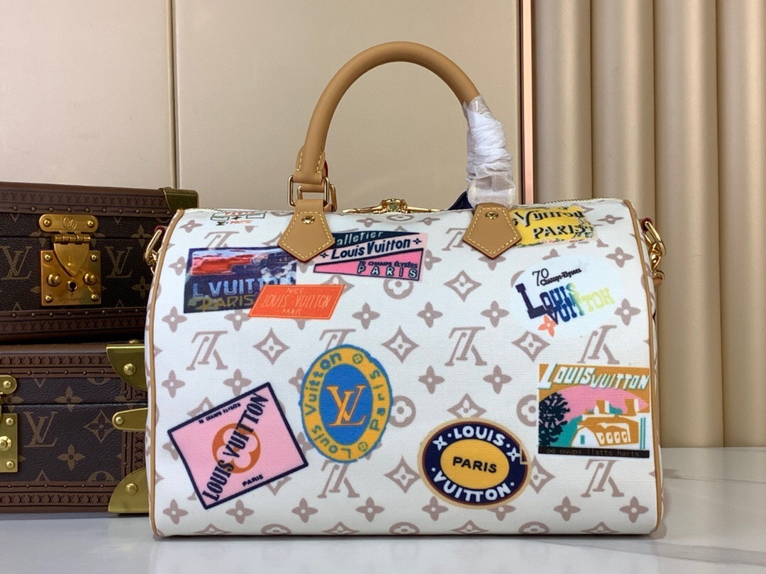 LV Speedy Soft 30 bag a patchwork of vintage-inspired labels.