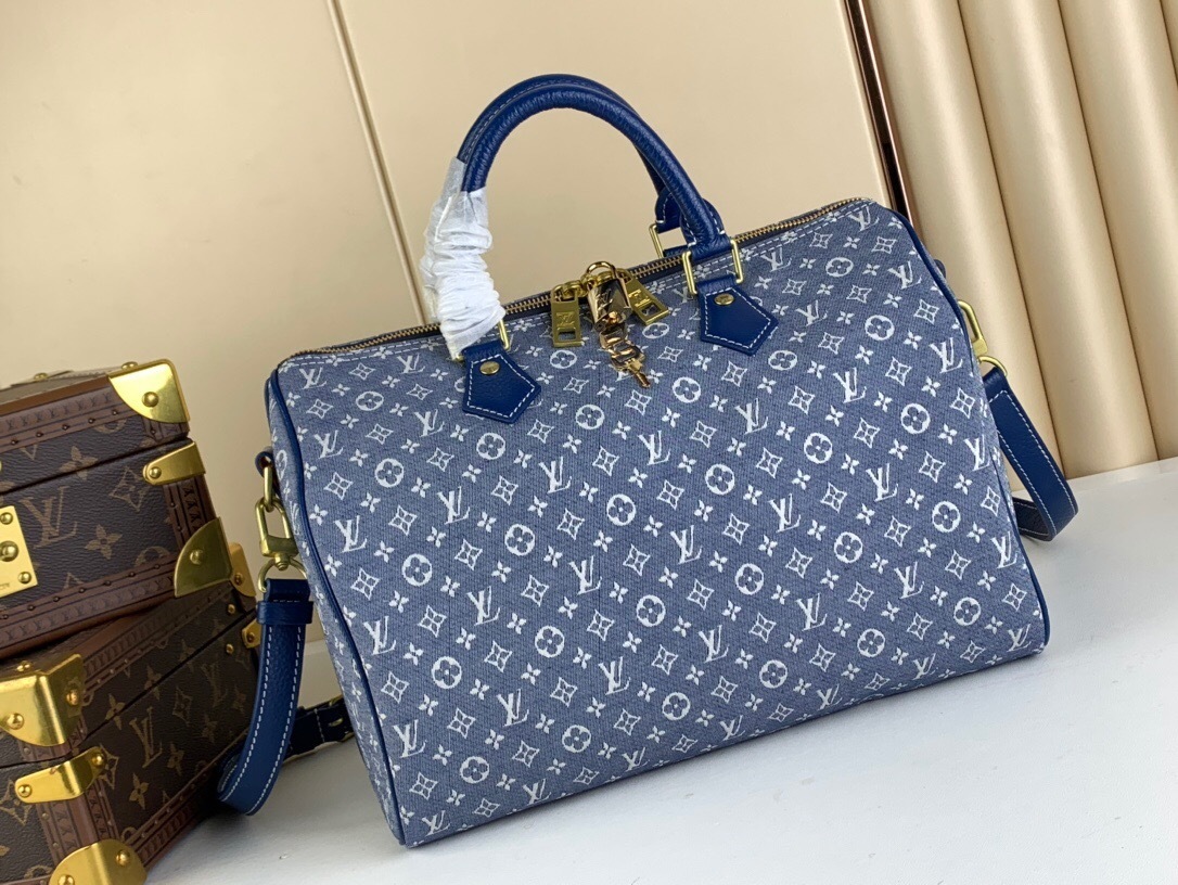 LV Speedy 30 bag in a gray and blue monogram canvas