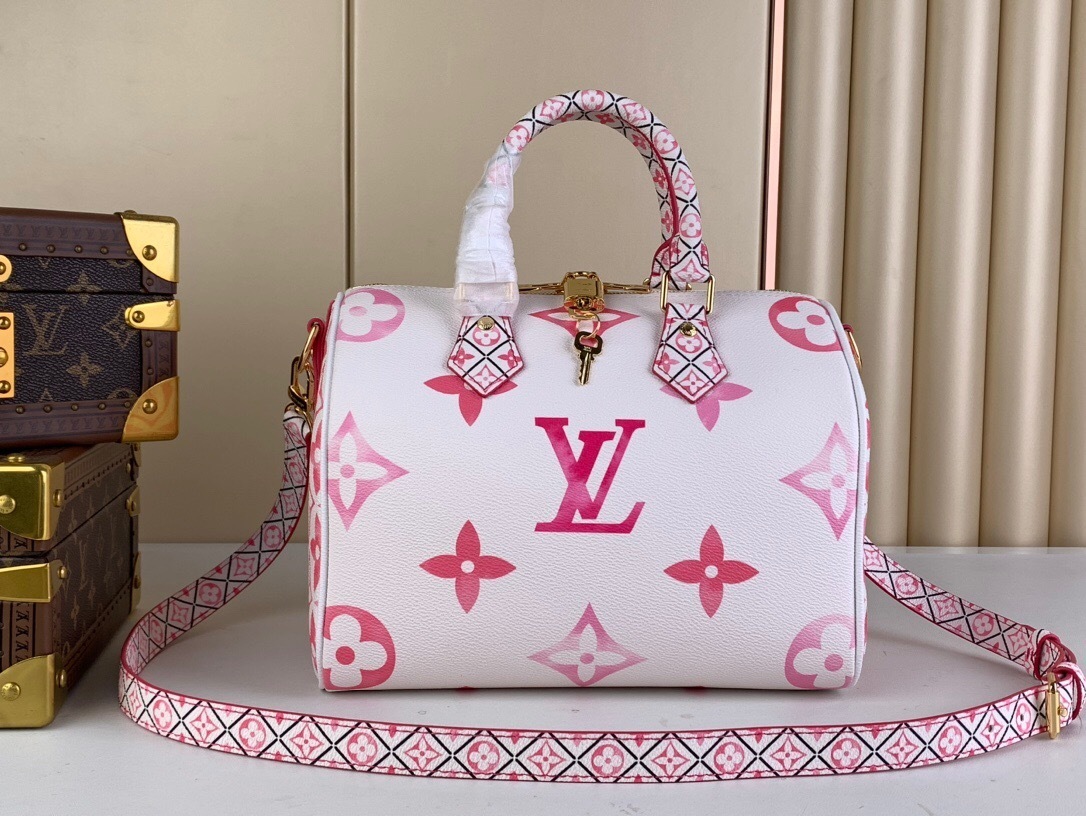 LV Speedy Bandoulière 25 handbag in white and pink monogram canvas