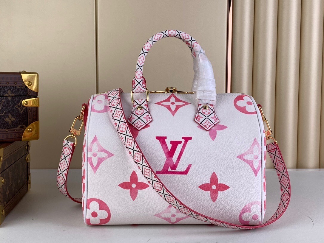 LV Speedy Bandoulière 25 handbag in white and pink monogram canvas