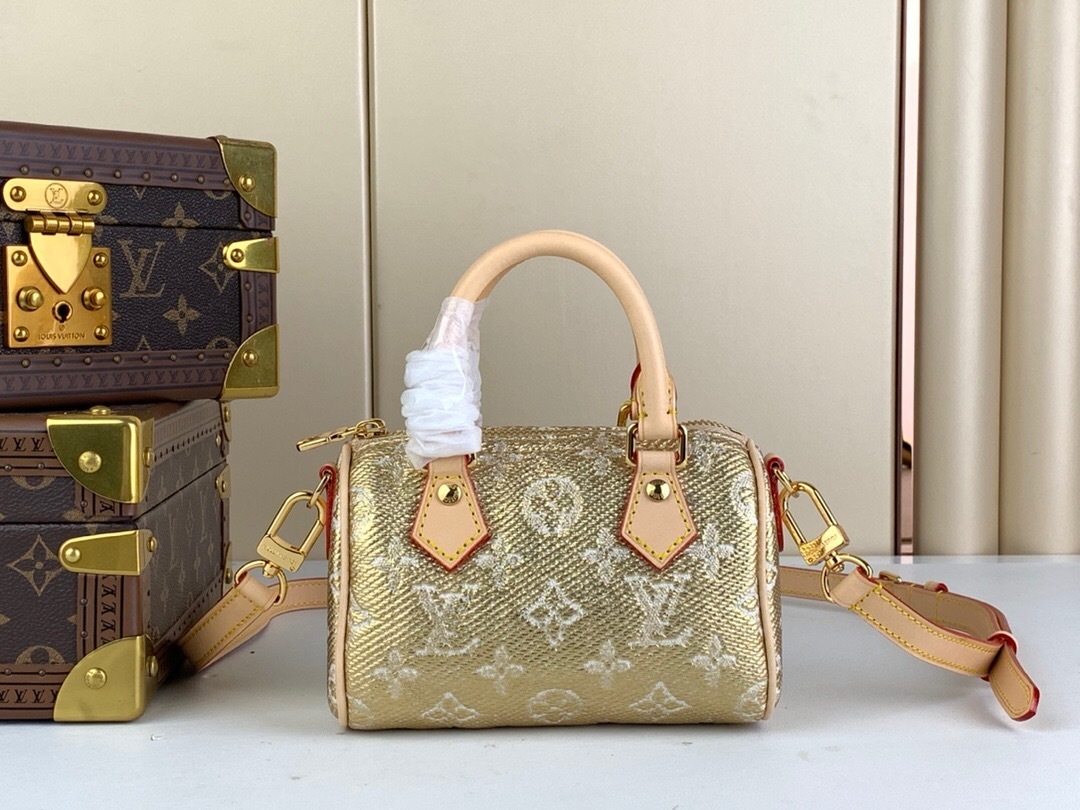 LV nano Speedy bag crafted from jacquard canvas with a metallic finish.