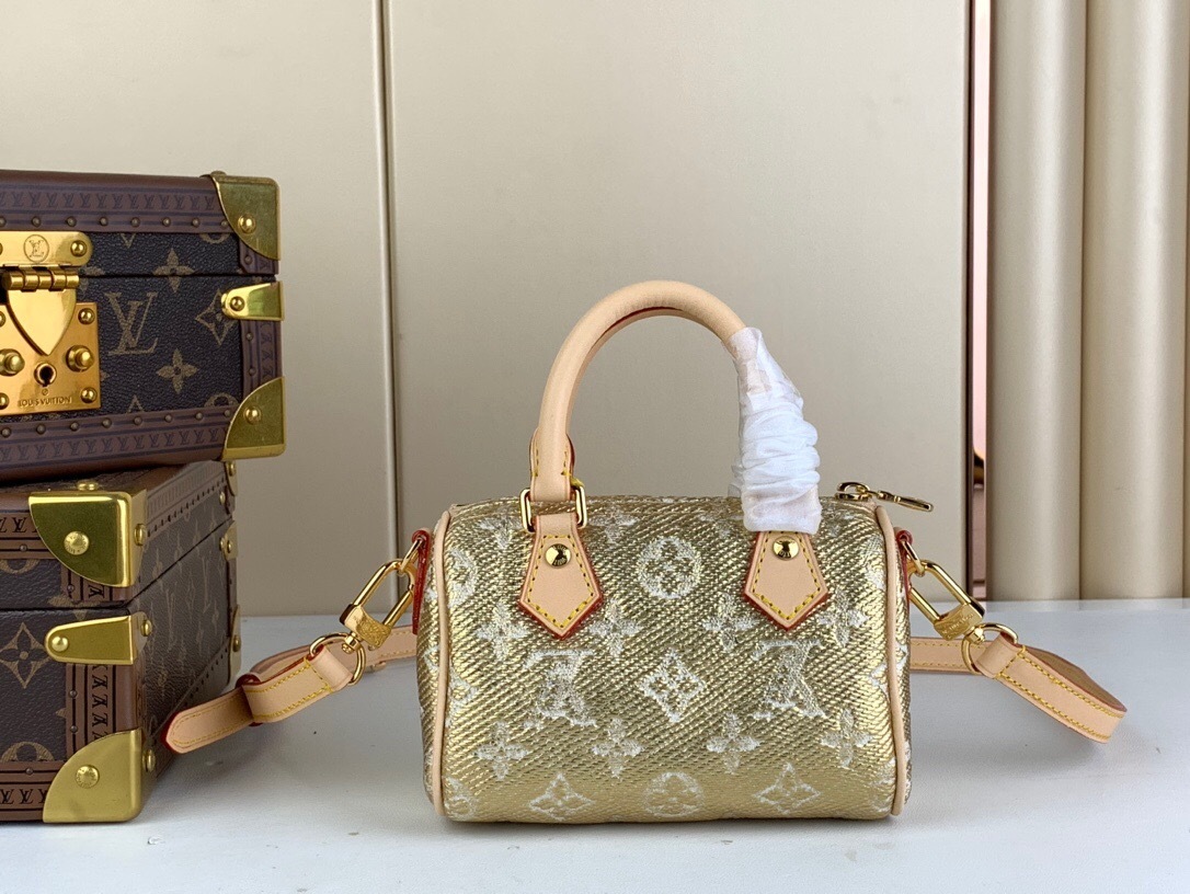 LV nano Speedy bag crafted from jacquard canvas with a metallic finish.