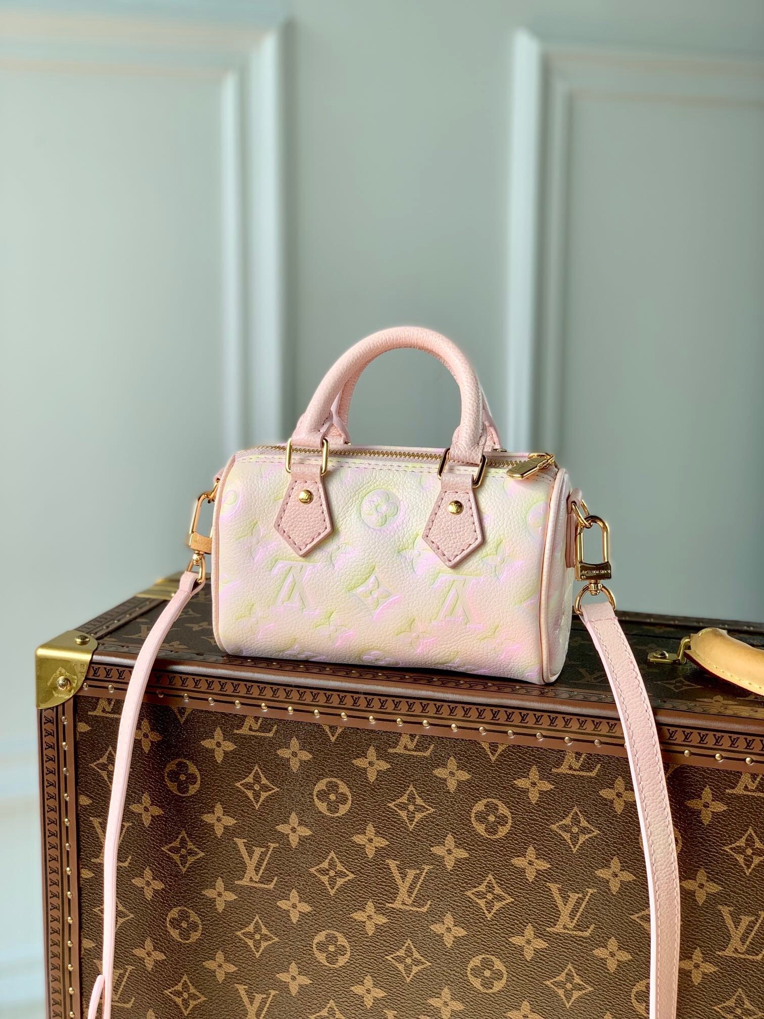 LV Nano Speedy Summer Stardust bag in light pink Monogram Empreinte leather