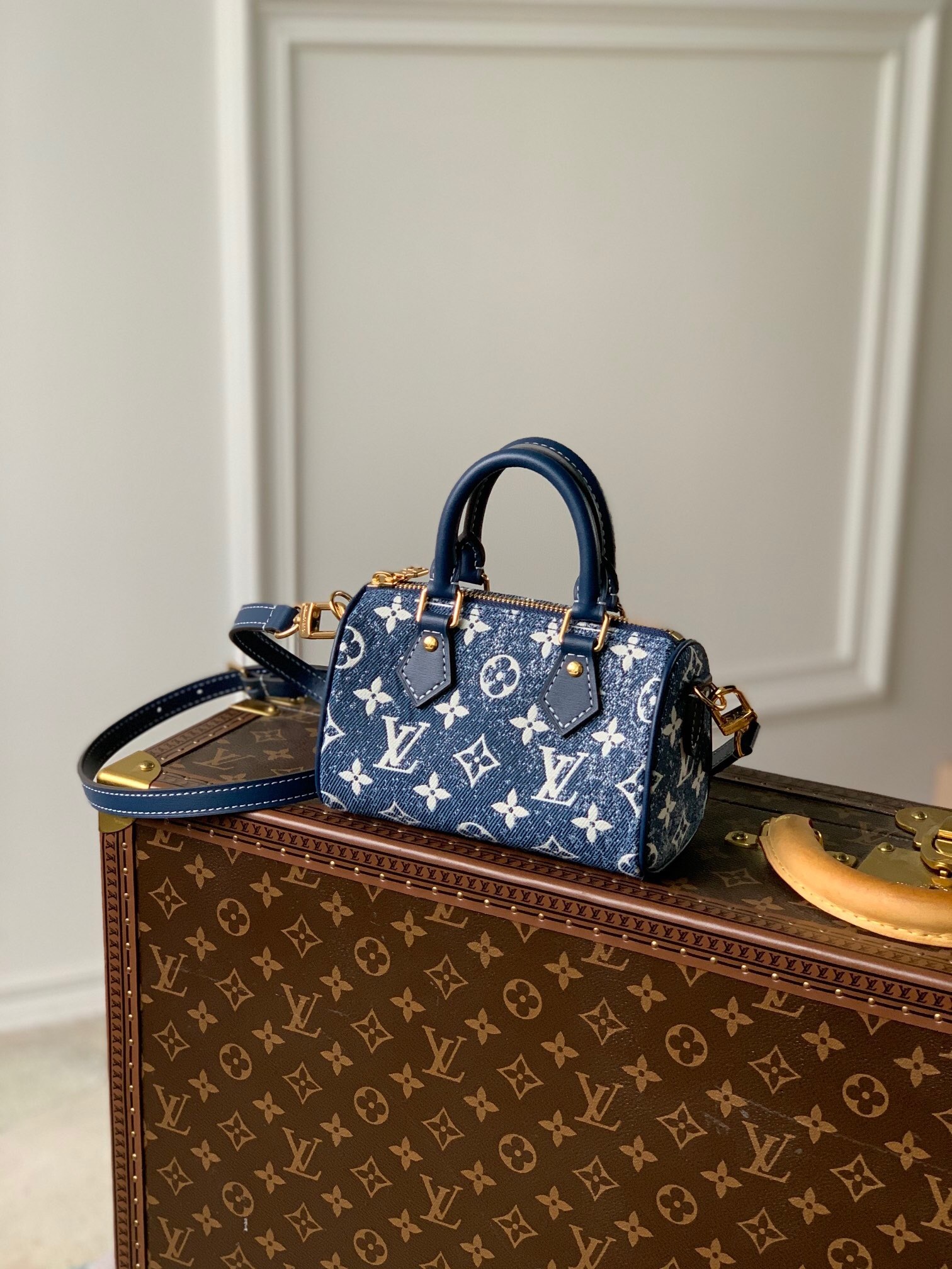 LV Nano Speedy bag in a blue monogram denim style