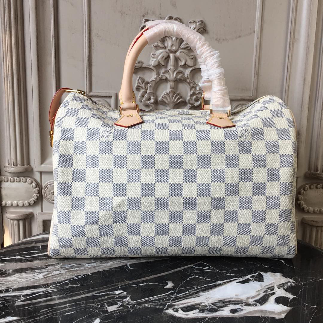 LV Speedy Bandouliere 30 in Damier Azur canvas.