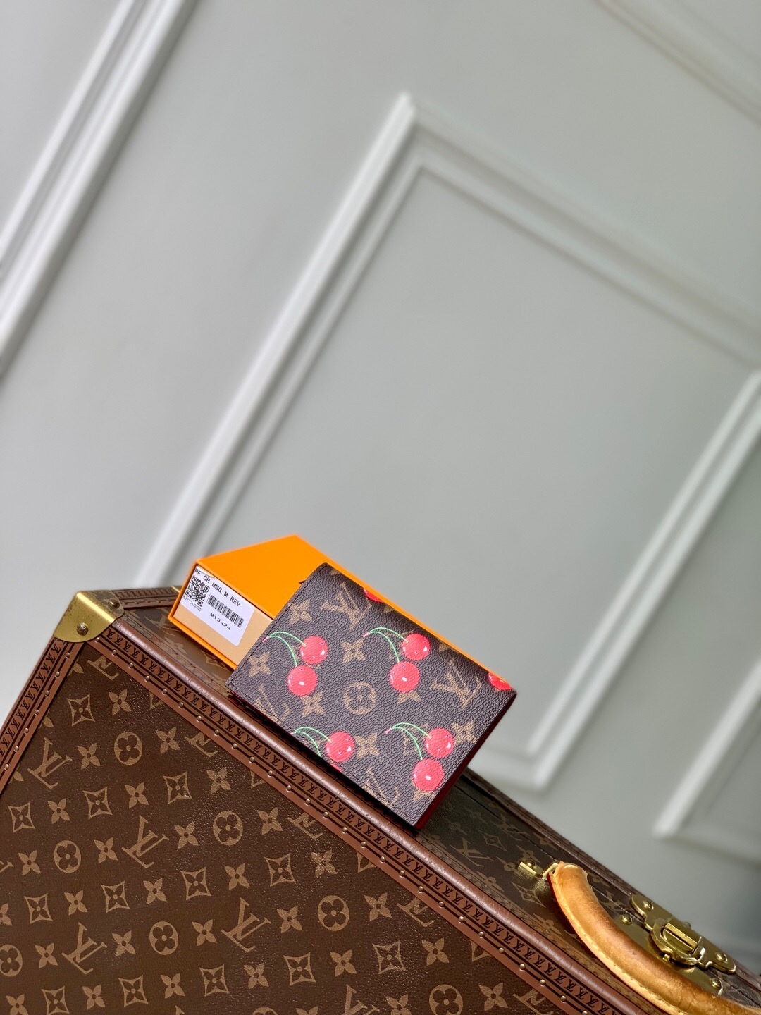 LV x Takashi Murakami Cherry Passport Cover in brown monogram canvas