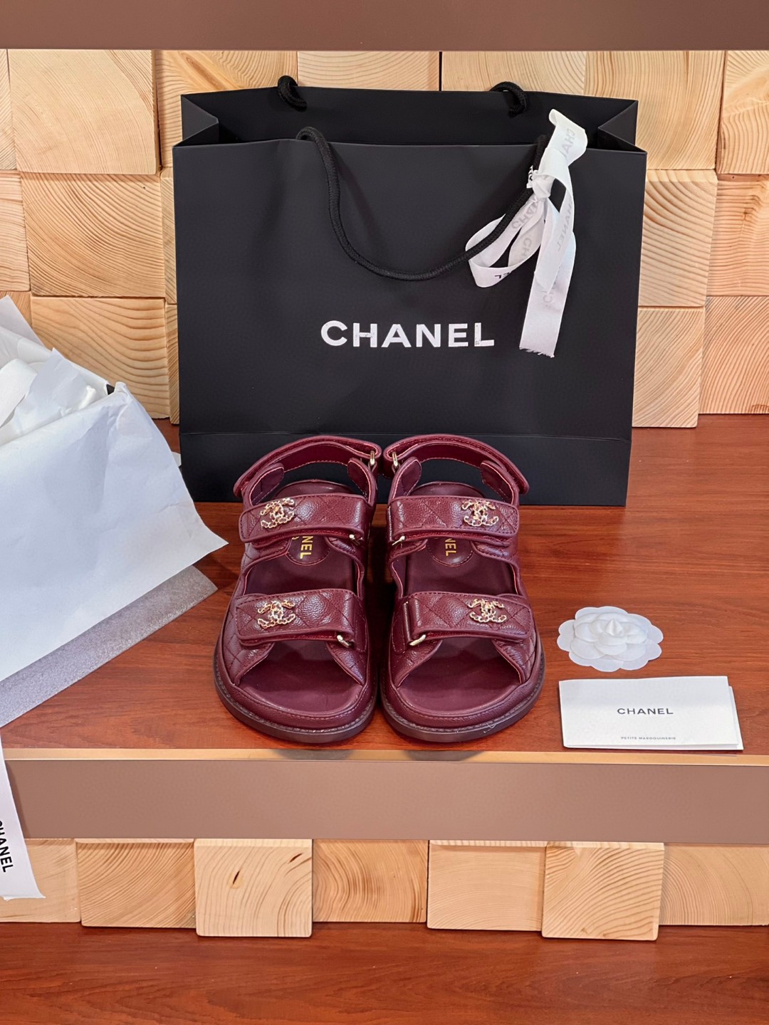 Chanel 21C burgundy red caviar leather dad sandals