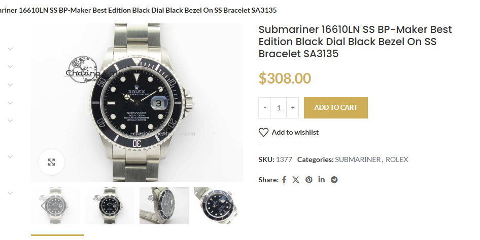 Submariner 16610LN SS BP-Maker BestEdition Black Dial Black Bezel on sSBracelet SA3135 $308