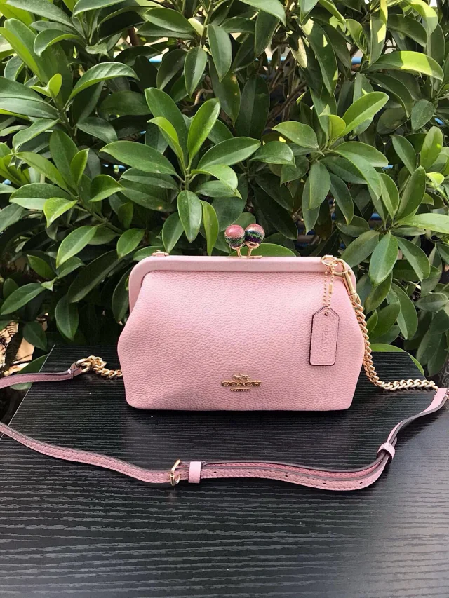 Coach Nora Kisslock Crossbody bag in pink leather.