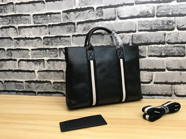 Bally black leather briefcase with a striped design