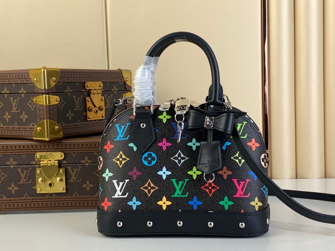 LV Alma BB handbag in a black multicolor monogram print