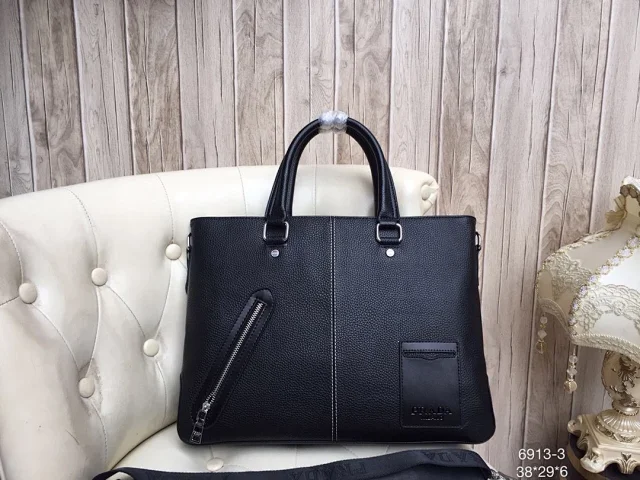 Prada black leather laptop briefcase with a shoulder strap and an external zippered pocket