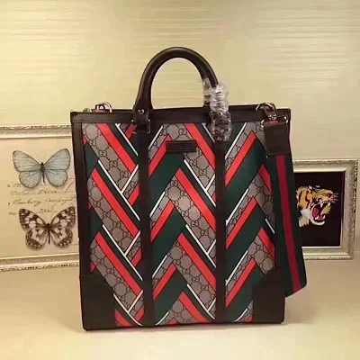 Gucci GG Supreme Monogram Chevron Web Vertical Tote in beige, green, red, and new acero