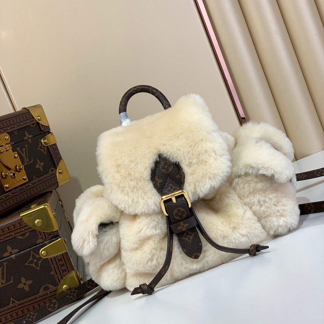 LV Nano Teddy Backpack cream shearling with Monogram canvas trim