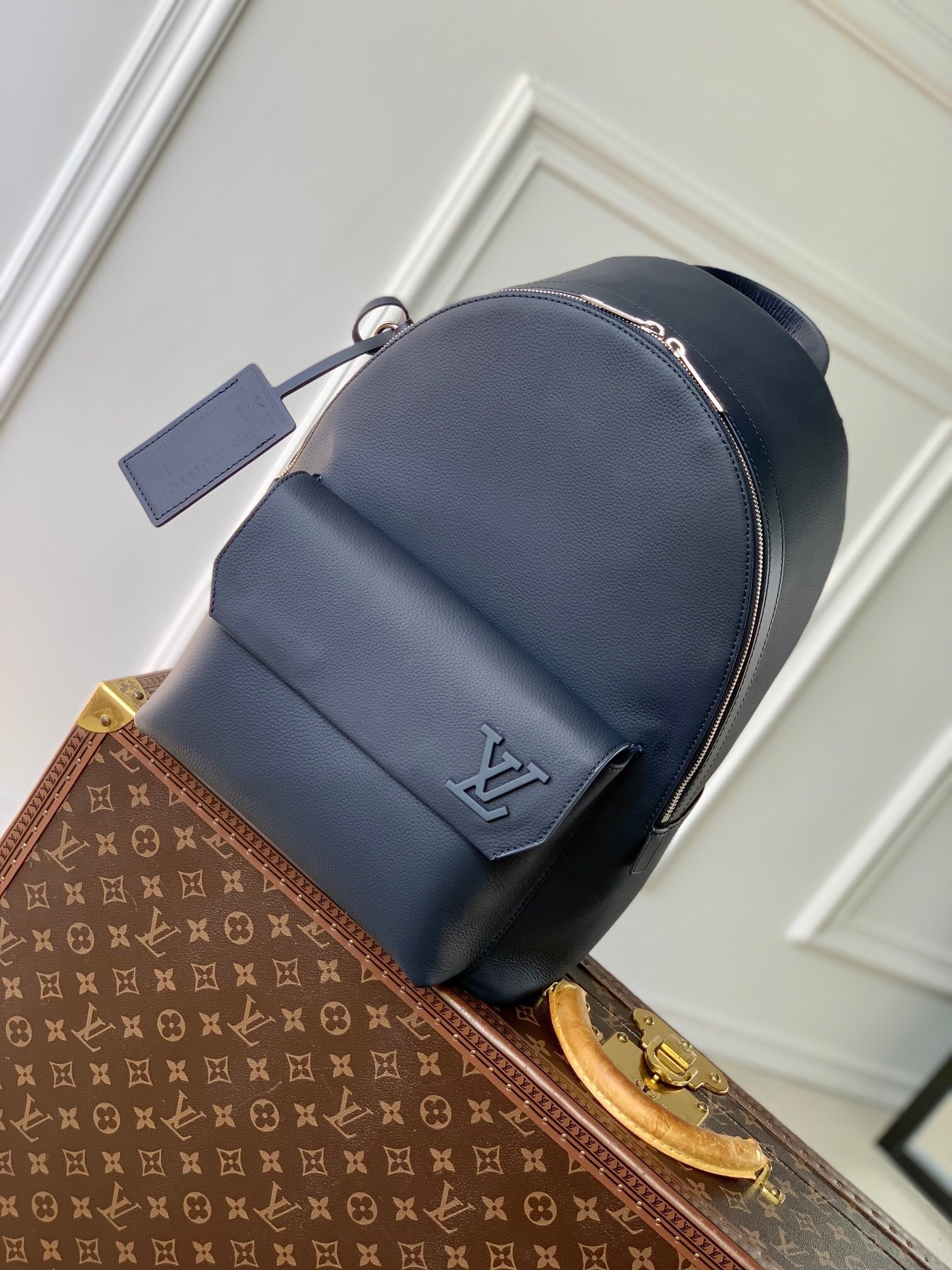 LV Aerogram Takeoff Backpack in black calf leather