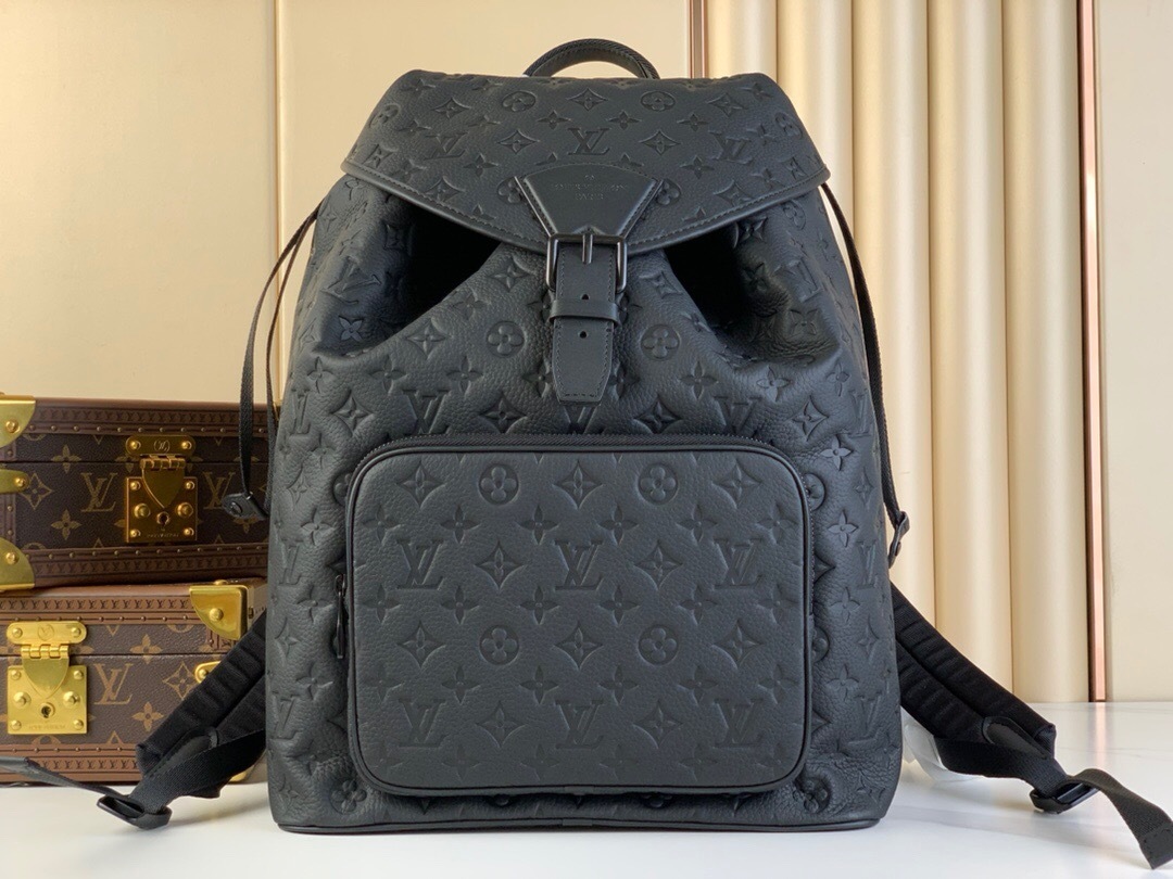 LV Montsouris Backpack in black Taurillon leather, embossed with the Monogram motif.