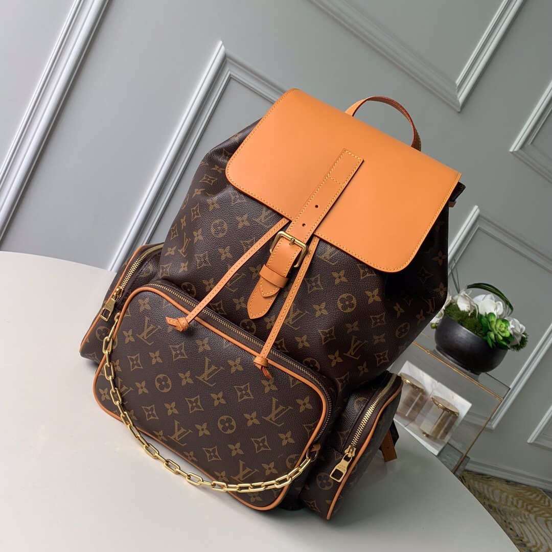 LV Monogram Trio Backpack in brown coated canvas with vachetta leather trim