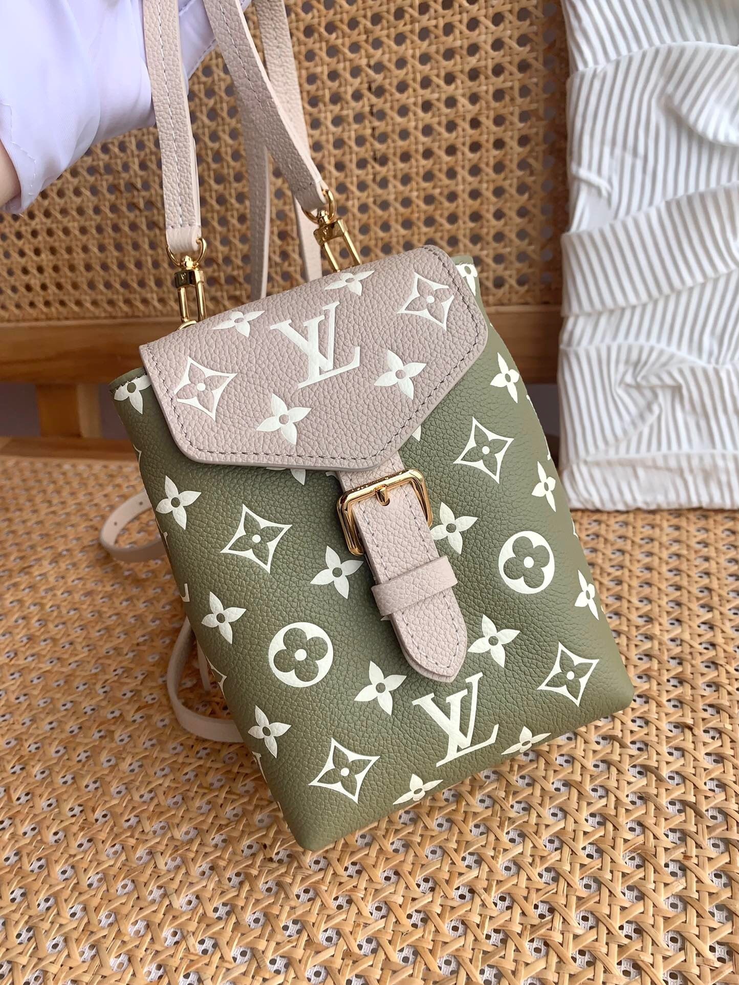 LV Empreinte Monogram Spring in the City Tiny Backpack in khaki, beige, and cream