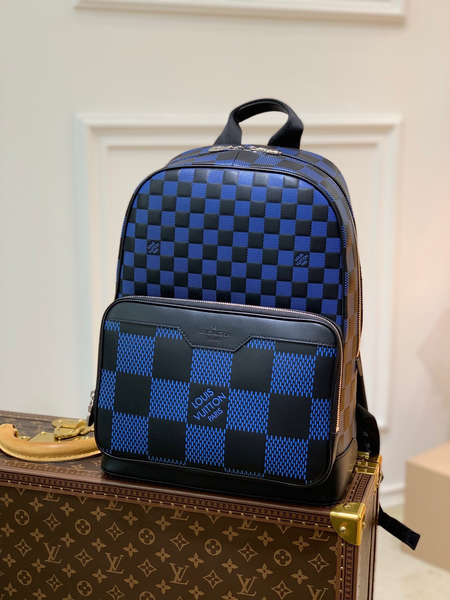 LV Campus Backpack in Damier Infini leather with a blue and black checkerboard pattern