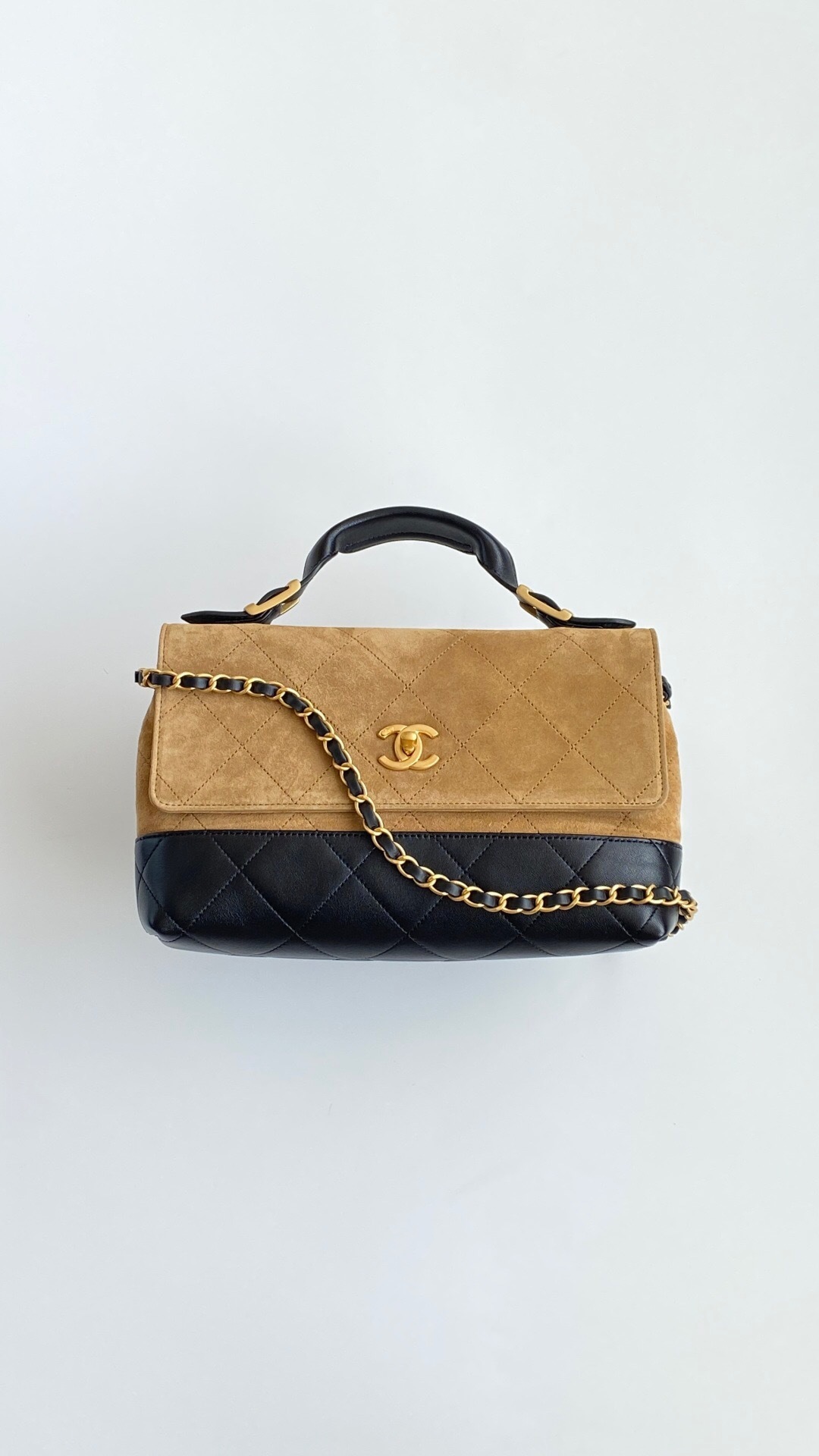 Chanel Coco Base Top Handle Flap tote Bag in brown suede and black shiny lambskin with brushed gold hardware