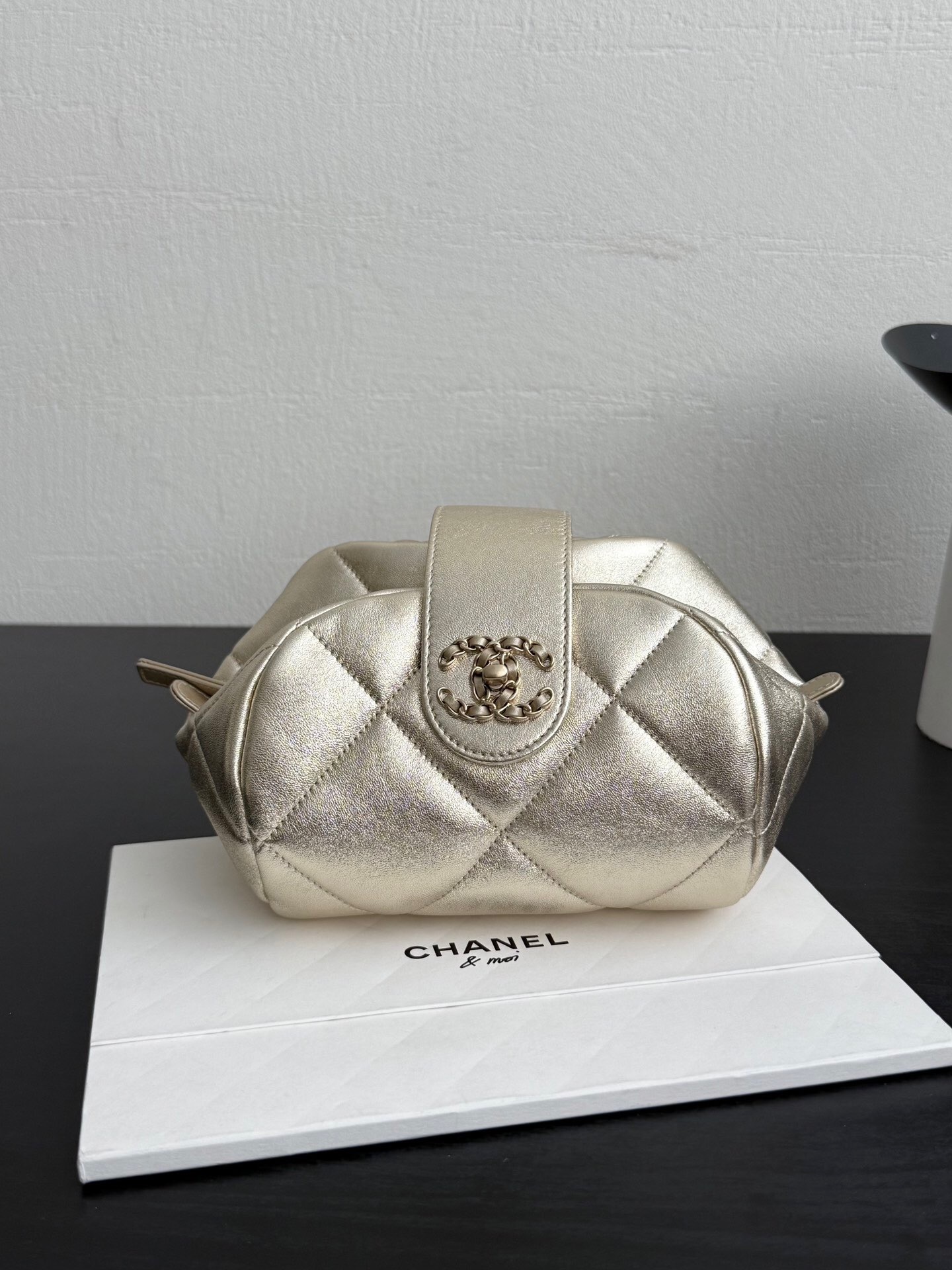 Chanel 25A gold metallic lambskin quilted cuff bag with aged gold hardware